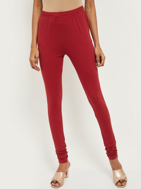 

max Women Maroon Solid Churidar-Length Leggings