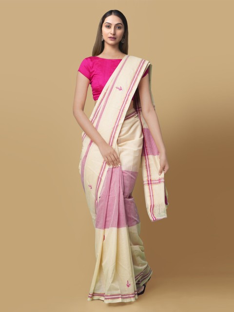 

Unnati Silks Cream-Coloured & Pink Pure Cotton Striped Mangalagiri Saree