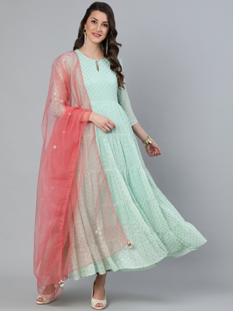 

Nayo Green Foil Ethnic Motifs Printed Layered Maxi Dress With Pink Embroidered Dupatta