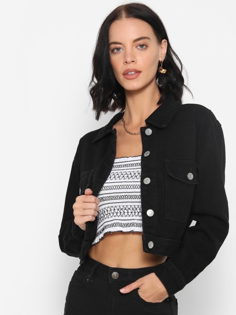 

FOREVER 21 Women Black Solid Pure Cotton Crop Denim Jacket