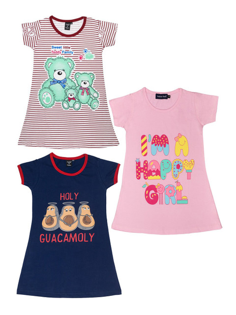 

Todd N Teen Girls Pack Of 3 Multicoloured & Navy Blue Printed Nightdress, Multi