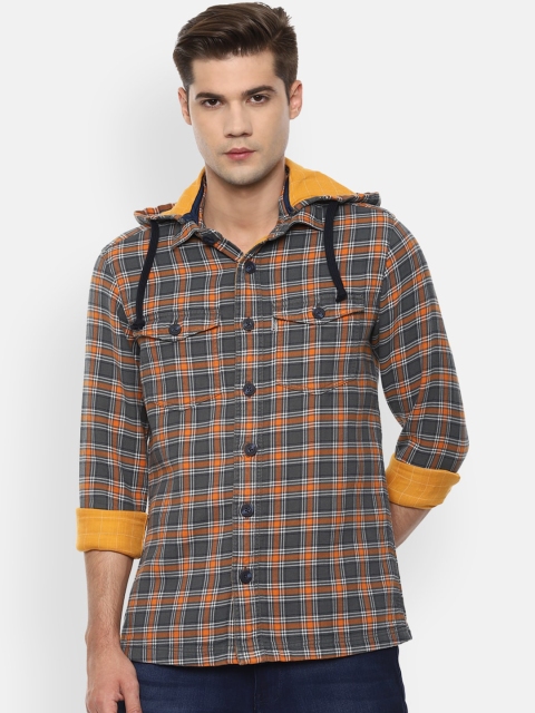 

Louis Philippe Jeans Men Yellow & Grey Slim Fit Hooded Checked Casual Shirt