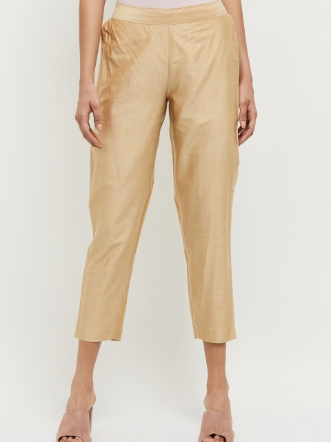 

max Women Golden Regular Fit Solid Cigarette Trousers, Gold