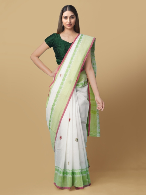 

Unnati Silks White & Green Pure Cotton Embroidered Mangalagiri Saree