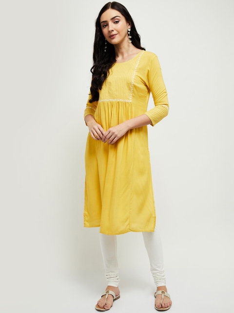 max Women Yellow Yoke Design Thread Work Kurta