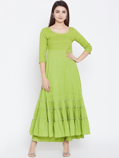 

PANIT Women Green Ethnic Motifs Printed Tiered Anarkali Kurta