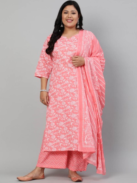 

Nayo Plus Size Women Pink Floral Printed Kurta with Palazzos & Dupatta