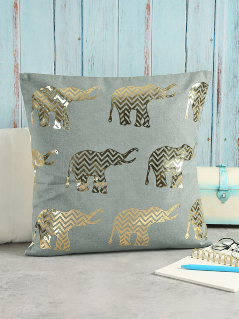 

India Circus by Krsnaa Mehta Single Grey & Gold Chevron Tusker Foil Square Cushion Cover