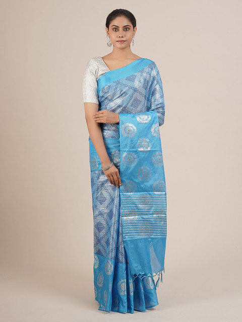 

Pothys Blue & Silver-Toned Tissue Woven Design Saree