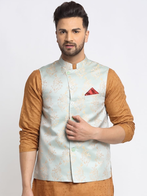

NEUDIS Men Green & Golden Woven Design Satin Nehru Jacket