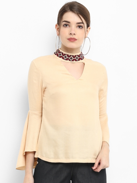 

FOSH Peach-Coloured & Red Geometric Choker Neck Regular Top
