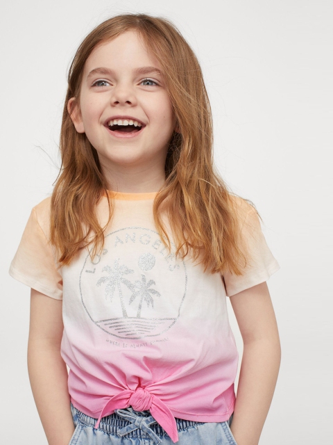 

H&M Girls Peach & White Embellished Tie-Hem Top