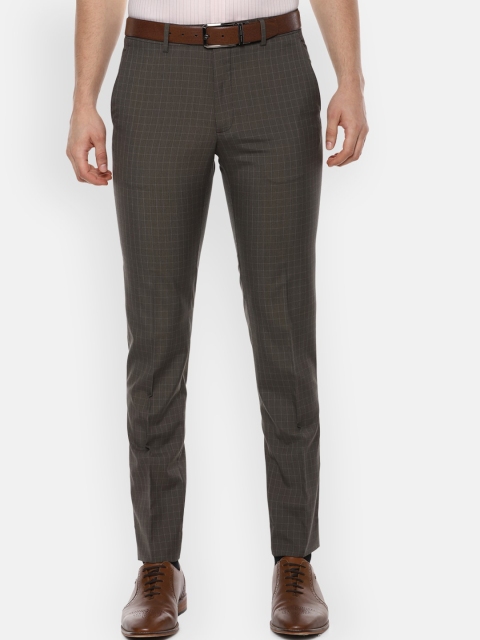 

Van Heusen Men Olive Green & White Slim Fit Checked Formal Trousers