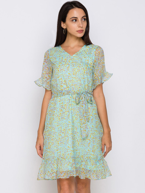

Globus Women Green & Blue Printed A-Line Dress