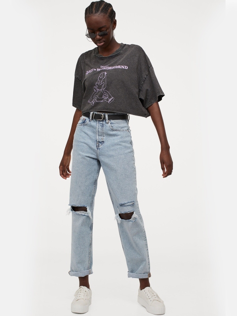 

H&M Women Charcoal Grey Cropped Printed Cotton T-shirt