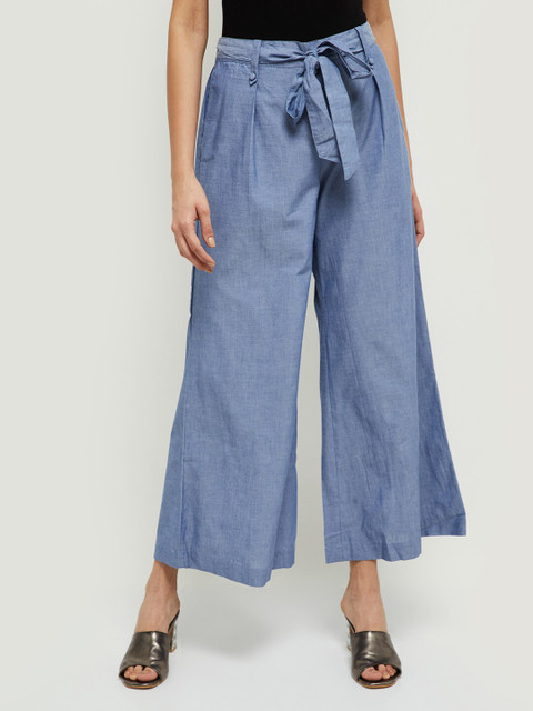 

max Women Blue Solid Wide Leg Cotton Palazzos