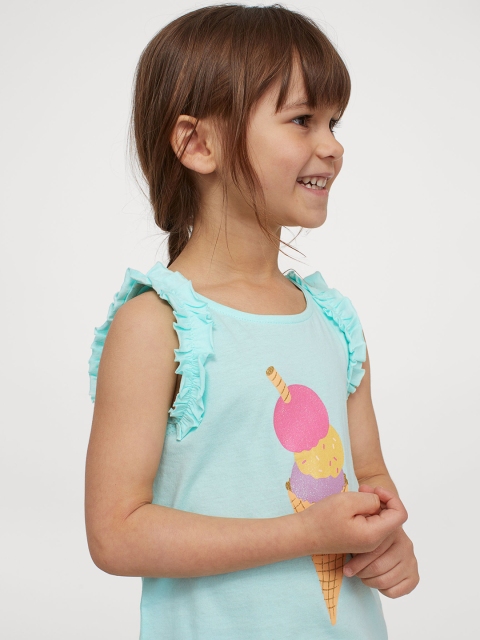 

H&M Girls Turquoise Blue Printed Frill-Trimmed Cotton Jersey Top
