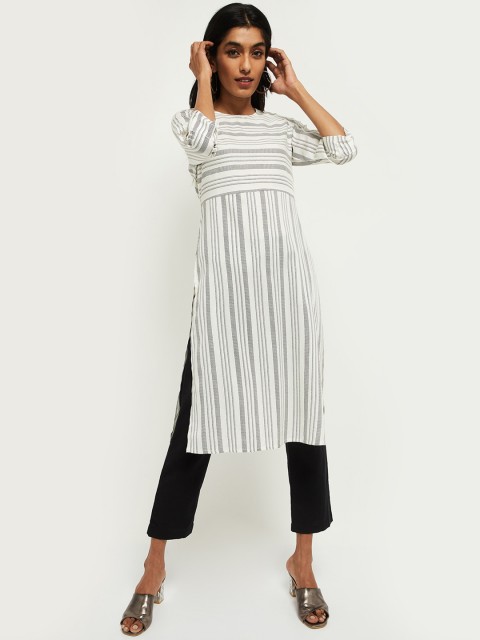 

max Women White & Black Striped Kurta