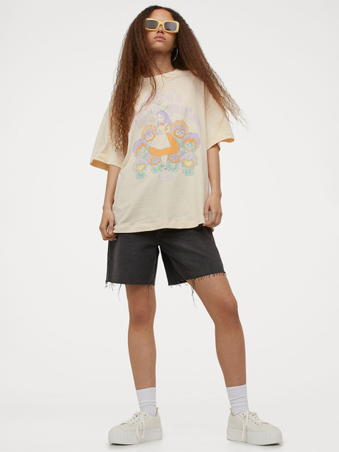 

H&M Women Cream-Coloured & Blue Printed Cotton T-shirt