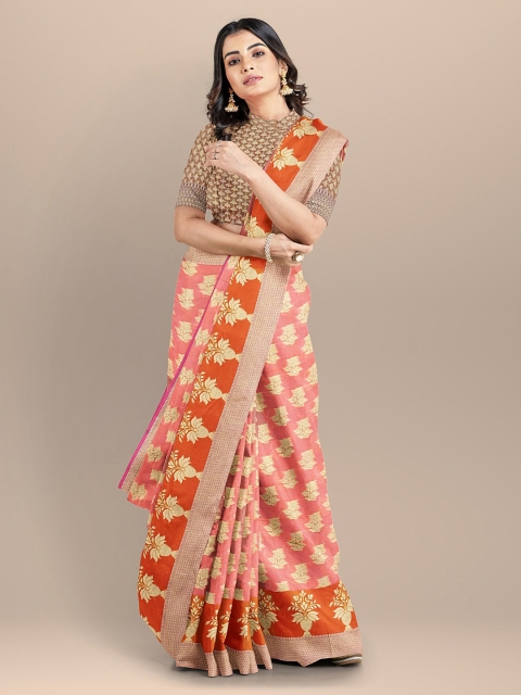 

BharatSthali Pink & Orange Silk Cotton Woven Design Banarasi Saree