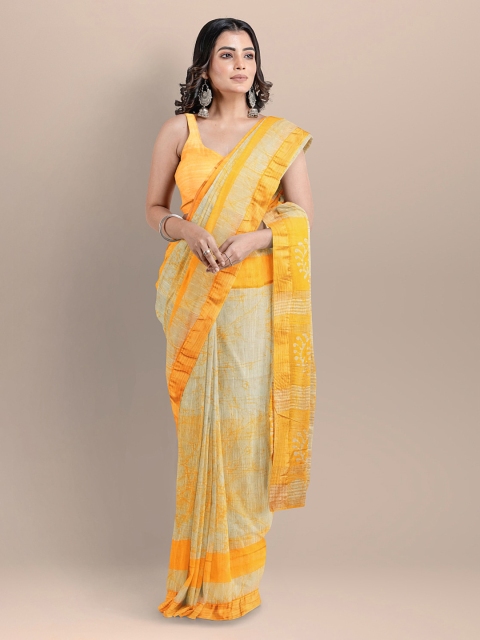 

BharatSthali Yellow & Cream-Coloured Silk Cotton Printed Venkatgiri Saree