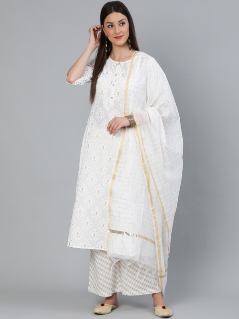

Nayo Women Off-White Printed A-line Kurta With Plazzo & Dupatta