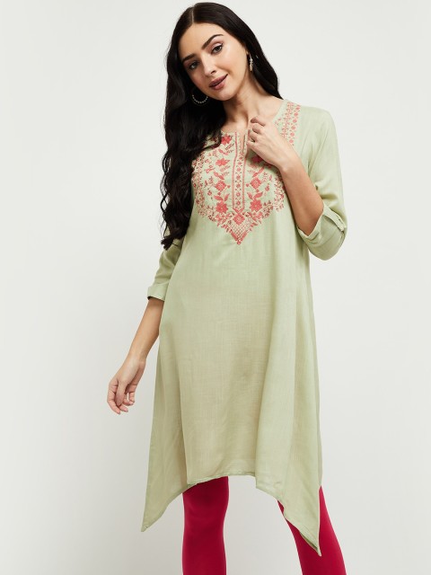 

max Women Green & Pink Floral Yoke Design Thread Work Kurta