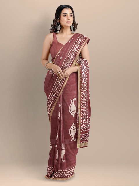 

BharatSthali Maroon & Off-White Silk Cotton Printed Venkatgiri Saree