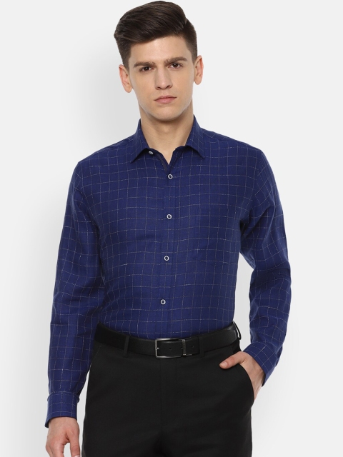 

Van Heusen Men Blue & White Regular Fit Checked Formal Linen Shirt