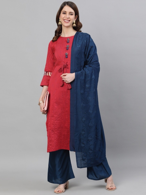 

Ishin Women Red & Navy Blue Striped Kurta with Palazzos & Dupatta