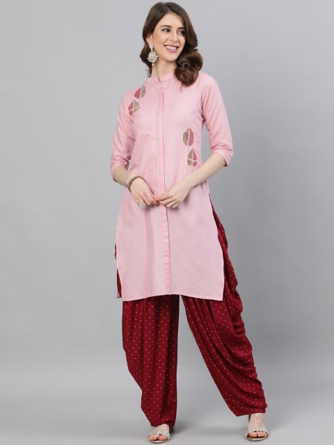 

Ishin Women Pink Embroidered Kurta Dhoti Pant Set.
