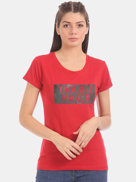 

Cherokee Women Red & Blue Printed Round Neck T-shirt