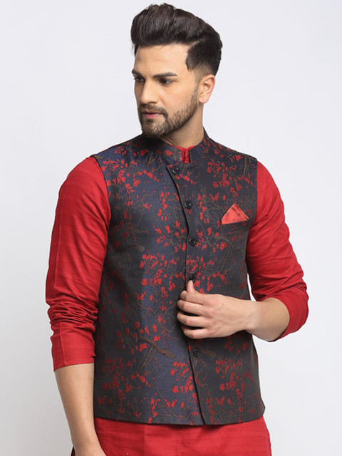 

NEUDIS Men Red & Black Printed Jacquard Woven Nehru Jacket