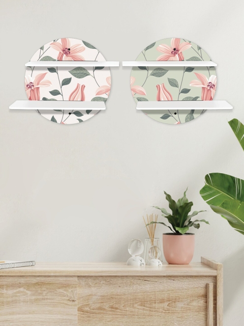 

RANDOM Set of 2 Multicoloured Printed MDF Circular Wall Shelf with White Plates, Multi