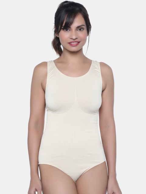 

miorre Women Cream-Coloured Solid Seamless Round Neck Bodysuit Top