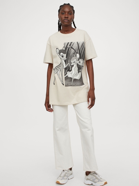 

H&M Women Cream-Coloured Oversized Motif-Detail T-shirt