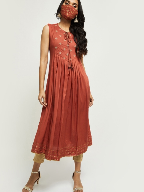 max Women Rust Ethnic Motifs Embroidered Anarkali Kurta with Face Mask