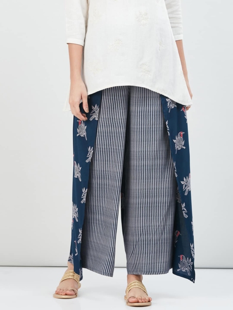 

max Women Blue & Off-White Printed Straight Palazzos