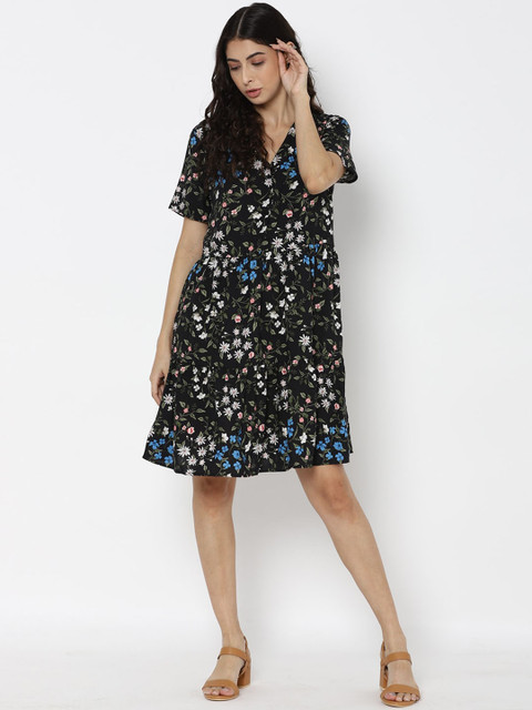 

Allen Solly Woman Women Black Floral Printed Fit and Flare Dress