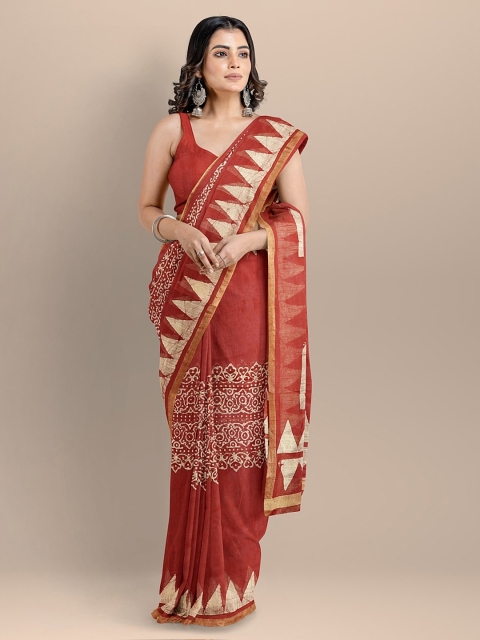 

BharatSthali Burgundy Silk Cotton Printed Venkatgiri Handloom Saree