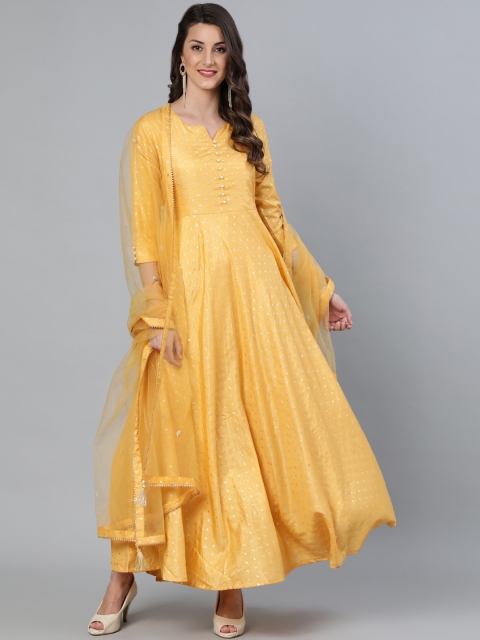 

Nayo Mustard Foil Ethnic Motifs Printed Maxi Dress With Embroidered Net Dupatta