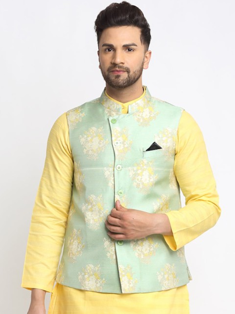 

NEUDIS Men Green & Yellow Printed Jacquard Woven Nehru Jacket