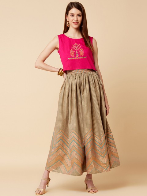 

Varanga Women Pink & Brown Embroidered Top with Skirt
