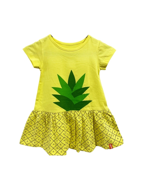 

You Got Plan B Girls Yellow & Green Pure Cotton Printed Drop-Waist Dress