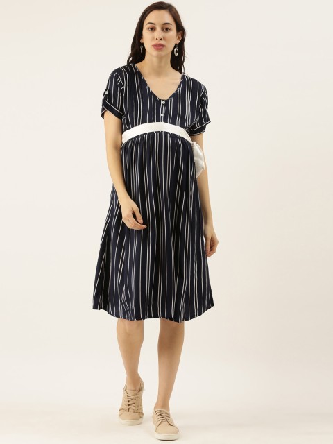 

GOLDSTROMS Women Navy Blue & White Striped Maternity A-Line Dress
