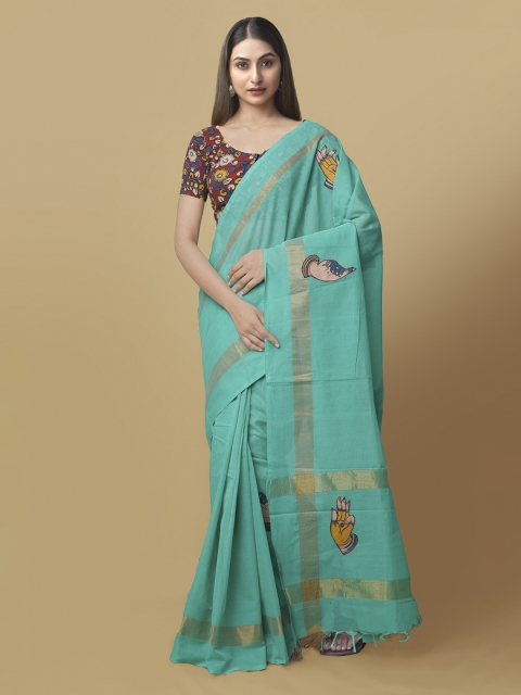 

Unnati Silks Green & Blue Pure Cotton Embellished Mangalagiri Saree