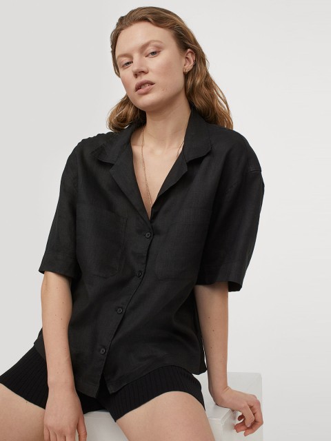 

H&M Women Black Solid Linen Resort Shirt