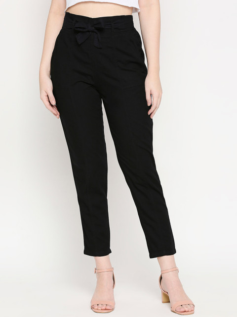 

Kraus Jeans Women Black Loose Fit High-Rise Solid Cotton Peg Trousers