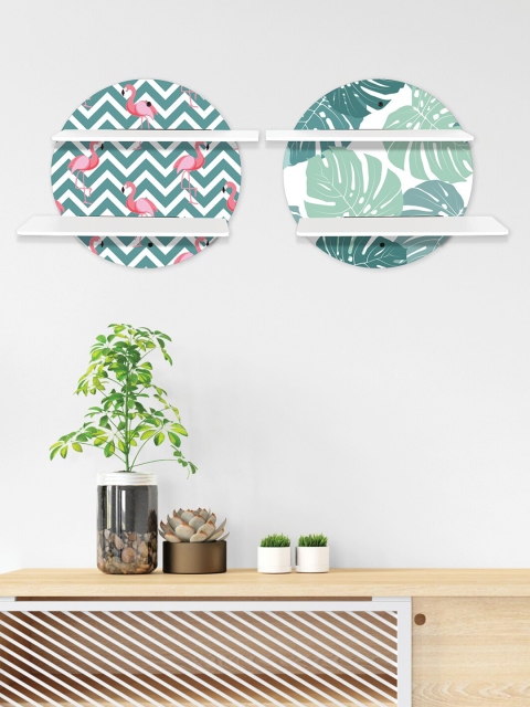 

RANDOM Set Of 2 White & Green Printed MDF Basic Wall Shelves