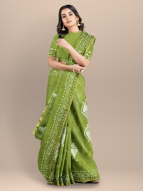 

BharatSthali Green & White Silk Cotton Printed Venkatgiri Saree